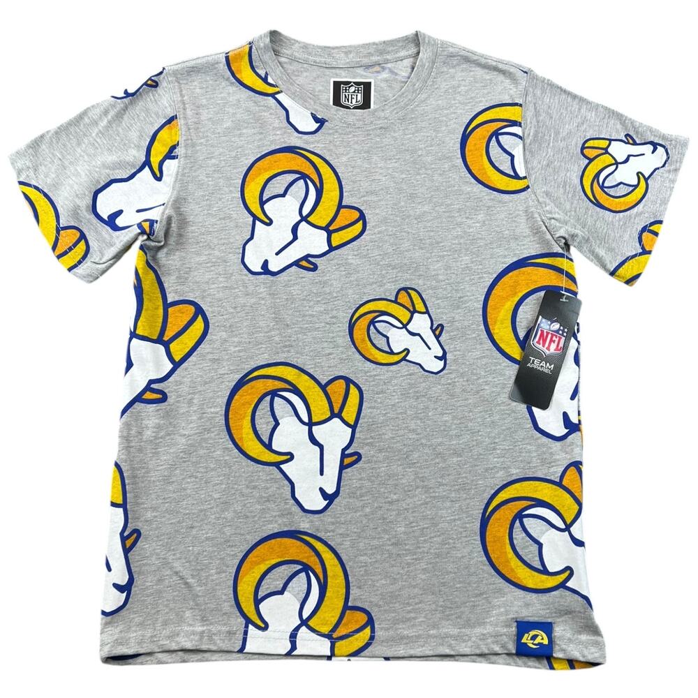NWT Los Angeles Rams NFL Allover Logo Graphic T-Shirt Gray Youth L 14/16